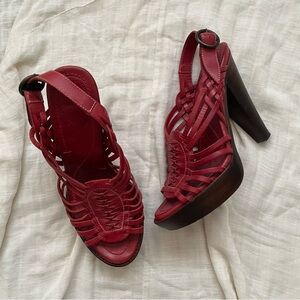 Frye cherry red woven “joy” strap back heels